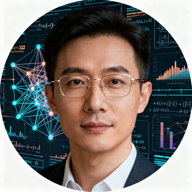 MK体育AI实验室负责人陈思远的圆形头像，一位文质彬彬的32岁男性，戴着金属细框眼镜，背景是复杂的神经网络可视化图表和算法公式